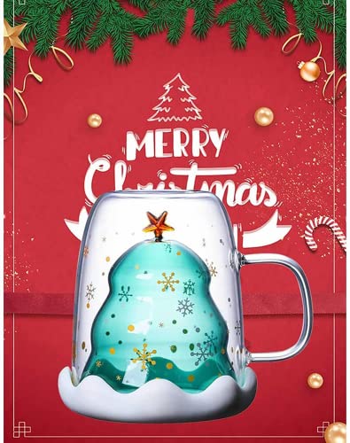 LTXDJ Double Wall Insulated Glasses Mugs, Christmas Mugs Cute Christmas Tree Mugs Milk Cup Gift for Christmas Thanksgiving Birthday