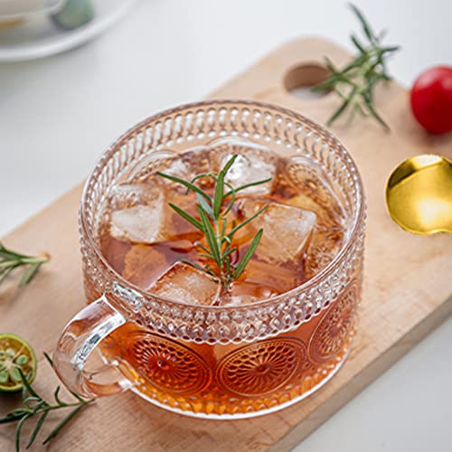 MengCat Vintage Tea Mug 12.5Oz Clear Embossed Glass ,Breakfast Coffee Cup for Cappuccino,Latte,Cereal,Yogurt,Milk,Birthday Mother's,Christmas Day