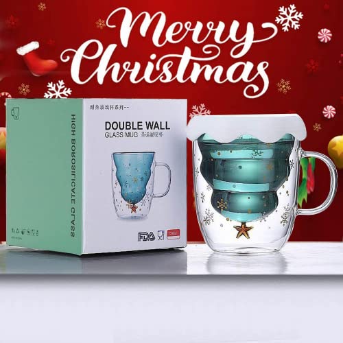 LTXDJ Double Wall Insulated Glasses Mugs, Christmas Mugs Cute Christmas Tree Mugs Milk Cup Gift for Christmas Thanksgiving Birthday