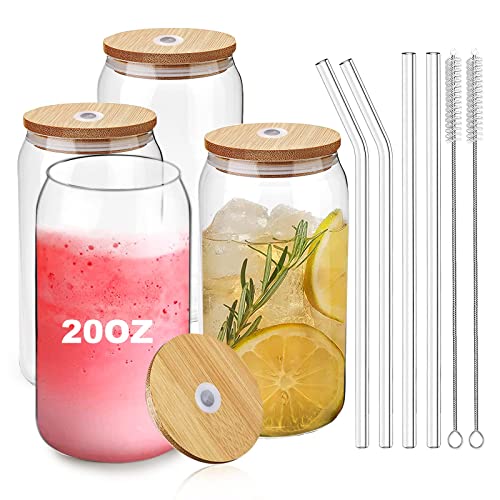 [4 Pack/590ml] Design•Master Premium Glass Cup with Bamboo Lids and Glass Straws, Can Shaped Beer Glasses, Perfect for Beer, Cocktail, Iced Coffee, Iced Tea and Soda.
