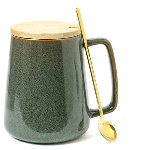 Large Ceramics Coffee Mugs，24 OZ/700ml Extra Large Cups,Matching Lid and Spoon， for Cappuccino, Latte, Hot Cocoa Or Hot Tea -Gift for Birthday/Christmas/Valentine's (24 oz Dark Green Set)
