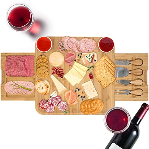 LaDonna Bamboo Cheese Board and Knife Set - Large Charcuterie Platter Board Includes 2 Ceramic Bowls, 4 Cheese Knives, Integrated Drawer, Serving Tray, Wedding Parties & Gift