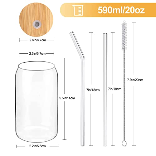 [4 Pack/590ml] Design•Master Premium Glass Cup with Bamboo Lids and Glass Straws, Can Shaped Beer Glasses, Perfect for Beer, Cocktail, Iced Coffee, Iced Tea and Soda.
