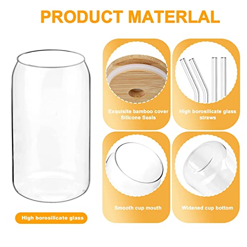 [4 Pack/590ml] Design•Master Premium Glass Cup with Bamboo Lids and Glass Straws, Can Shaped Beer Glasses, Perfect for Beer, Cocktail, Iced Coffee, Iced Tea and Soda.
