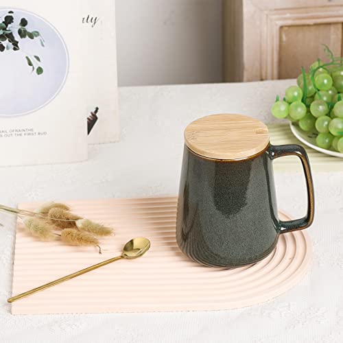Large Ceramics Coffee Mugs，24 OZ/700ml Extra Large Cups,Matching Lid and Spoon， for Cappuccino, Latte, Hot Cocoa Or Hot Tea -Gift for Birthday/Christmas/Valentine's (24 oz Dark Green Set)