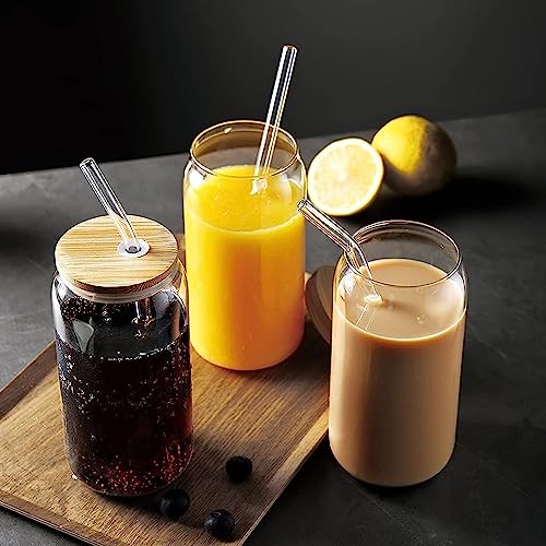 [4 Pack/590ml] Design•Master Premium Glass Cup with Bamboo Lids and Glass Straws, Can Shaped Beer Glasses, Perfect for Beer, Cocktail, Iced Coffee, Iced Tea and Soda.