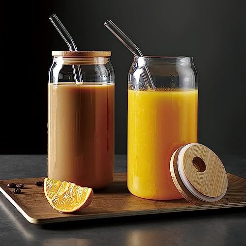 [4 Pack/590ml] Design•Master Premium Glass Cup with Bamboo Lids and Glass Straws, Can Shaped Beer Glasses, Perfect for Beer, Cocktail, Iced Coffee, Iced Tea and Soda.