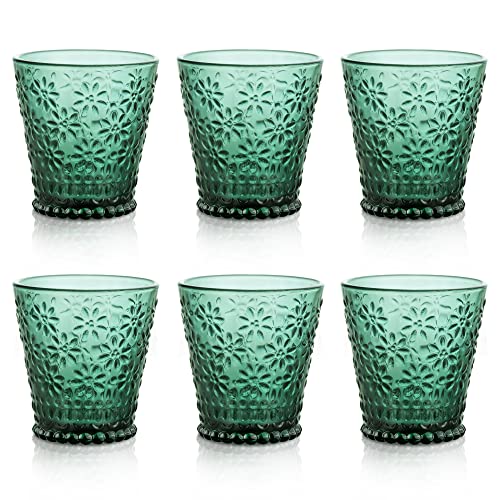 Joeyan 250ml Coloured Water Glasses - Set of 6 Vintage Green Glassware Set - Embossed glass Tumblers for Tea, Water, Juice, Cocktail, Beverages