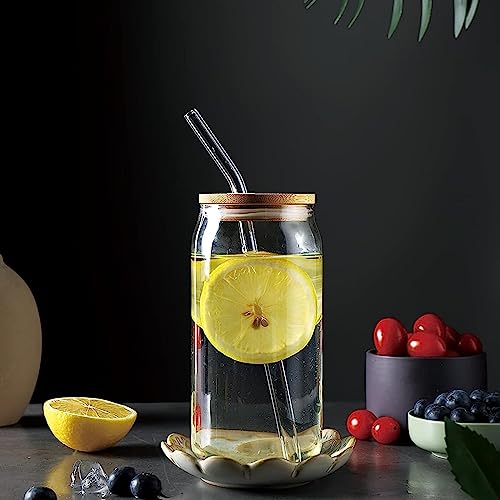 [4 Pack/590ml] Design•Master Premium Glass Cup with Bamboo Lids and Glass Straws, Can Shaped Beer Glasses, Perfect for Beer, Cocktail, Iced Coffee, Iced Tea and Soda.