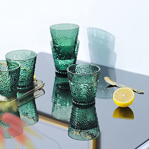 Joeyan 250ml Coloured Water Glasses - Set of 6 Vintage Green Glassware Set - Embossed glass Tumblers for Tea, Water, Juice, Cocktail, Beverages