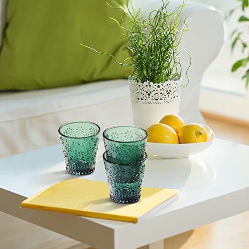Joeyan 250ml Coloured Water Glasses - Set of 6 Vintage Green Glassware Set - Embossed glass Tumblers for Tea, Water, Juice, Cocktail, Beverages