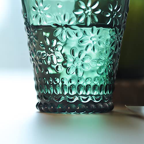 Joeyan 250ml Coloured Water Glasses - Set of 6 Vintage Green Glassware Set - Embossed glass Tumblers for Tea, Water, Juice, Cocktail, Beverages