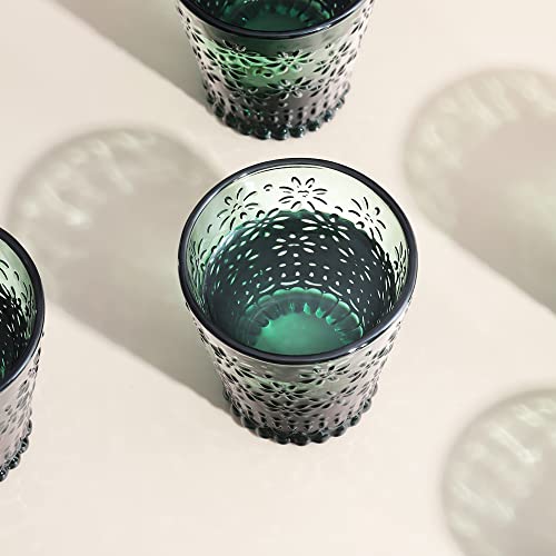 Joeyan 250ml Coloured Water Glasses - Set of 6 Vintage Green Glassware Set - Embossed glass Tumblers for Tea, Water, Juice, Cocktail, Beverages