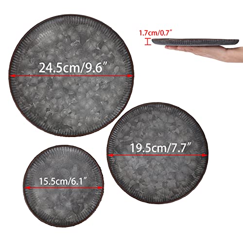 BSTKEY Set of 3 Industrial Farmhouse Style Metal Iron Serving Tray, Decorative Round Table Tray Tin Glitzhome Galvanized Storage Plate, 3 Sizes Diameter 25CM+20CM+16CM