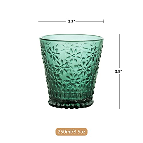 Joeyan 250ml Coloured Water Glasses - Set of 6 Vintage Green Glassware Set - Embossed glass Tumblers for Tea, Water, Juice, Cocktail, Beverages