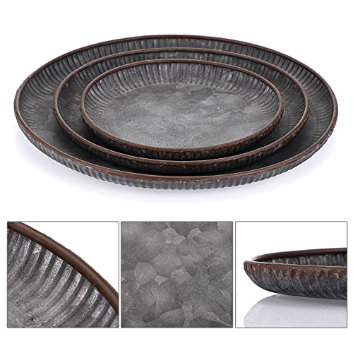 BSTKEY Set of 3 Industrial Farmhouse Style Metal Iron Serving Tray, Decorative Round Table Tray Tin Glitzhome Galvanized Storage Plate, 3 Sizes Diameter 25CM+20CM+16CM