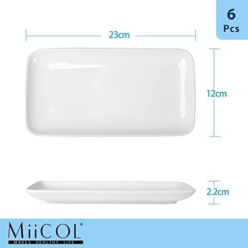 Miicol Ceramic Rectangle Serving Platters 9”(23 x 12cm) Set of 6, White Porcelain Rectangular Serving Plates for Appetizer Dessert Snack Sushi Chips, Dishwasher Microwave Safe
