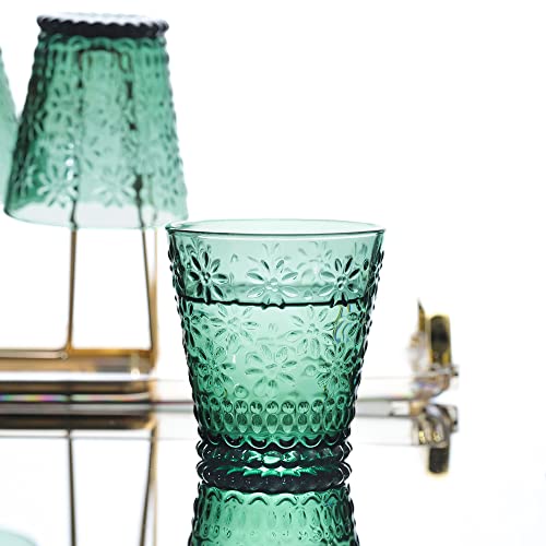 Joeyan 250ml Coloured Water Glasses - Set of 6 Vintage Green Glassware Set - Embossed glass Tumblers for Tea, Water, Juice, Cocktail, Beverages