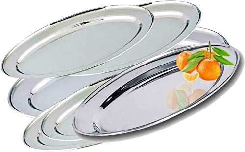 Pack of 4 Pcs 25cm Multipurpose Stainless Steel Oval Shaped Serving Plates Platter Mirror Polish Finished Kitchen Trays