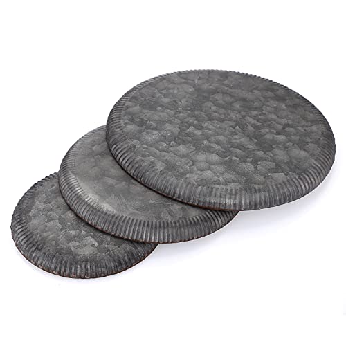 BSTKEY Set of 3 Industrial Farmhouse Style Metal Iron Serving Tray, Decorative Round Table Tray Tin Glitzhome Galvanized Storage Plate, 3 Sizes Diameter 25CM+20CM+16CM