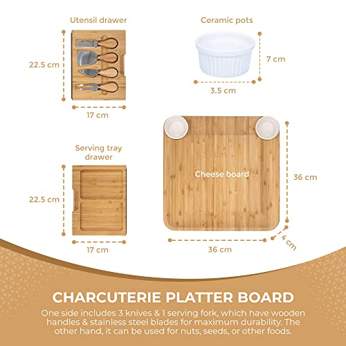 LaDonna Bamboo Cheese Board and Knife Set - Large Charcuterie Platter Board Includes 2 Ceramic Bowls, 4 Cheese Knives, Integrated Drawer, Serving Tray, Wedding Parties & Gift