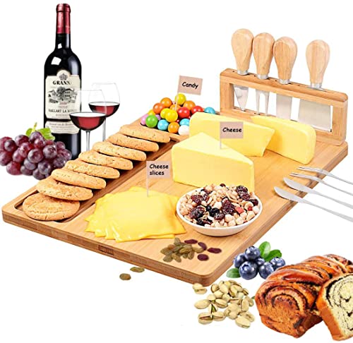 Loving Nature Bamboo Cheese Board Large Cutting Board with 4 Piece Knife-Set Charcuterie Serving Platter Tray Cheeseboard for Wedding Christmas Birthday Gifts Anniversary Wine Party Celebrations