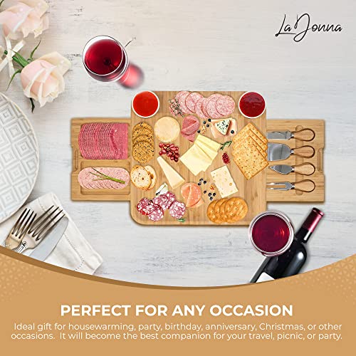 LaDonna Bamboo Cheese Board and Knife Set - Large Charcuterie Platter Board Includes 2 Ceramic Bowls, 4 Cheese Knives, Integrated Drawer, Serving Tray, Wedding Parties & Gift