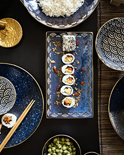 Mikasa Satori Japanese Serving Platter with Wave Pattern Border and Real Gold Rim, Porcelain, Indigo Blue/White, 15.5 x 28 cm