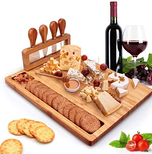 Loving Nature Bamboo Cheese Board Large Cutting Board with 4 Piece Knife-Set Charcuterie Serving Platter Tray Cheeseboard for Wedding Christmas Birthday Gifts Anniversary Wine Party Celebrations