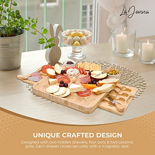 LaDonna Bamboo Cheese Board and Knife Set - Large Charcuterie Platter Board Includes 2 Ceramic Bowls, 4 Cheese Knives, Integrated Drawer, Serving Tray, Wedding Parties & Gift