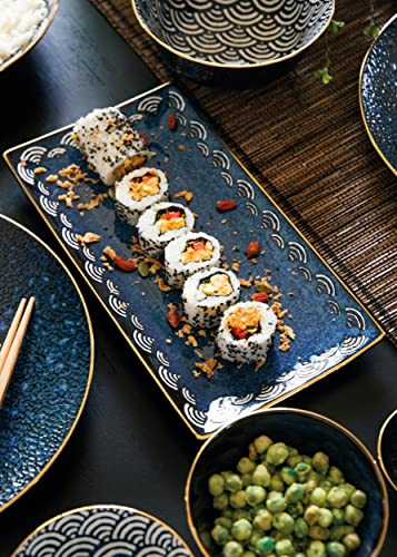 Mikasa Satori Japanese Serving Platter with Wave Pattern Border and Real Gold Rim, Porcelain, Indigo Blue/White, 15.5 x 28 cm