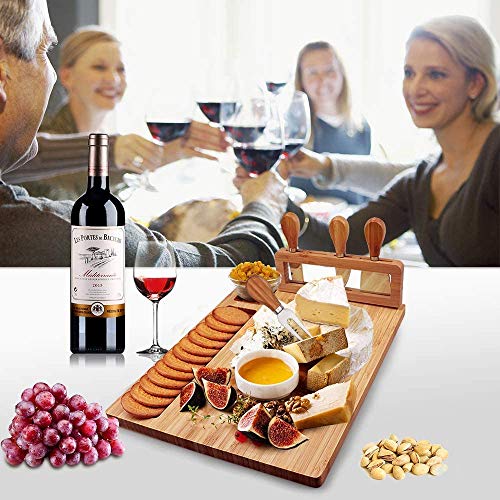 Loving Nature Bamboo Cheese Board Large Cutting Board with 4 Piece Knife-Set Charcuterie Serving Platter Tray Cheeseboard for Wedding Christmas Birthday Gifts Anniversary Wine Party Celebrations