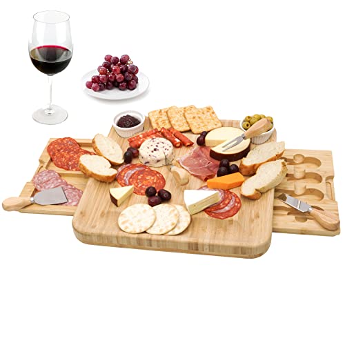 LaDonna Bamboo Cheese Board and Knife Set - Large Charcuterie Platter Board Includes 2 Ceramic Bowls, 4 Cheese Knives, Integrated Drawer, Serving Tray, Wedding Parties & Gift