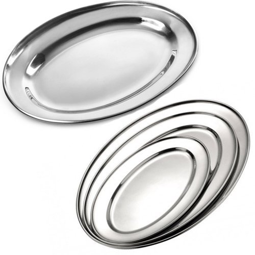Pack of 4 Pcs 25cm Multipurpose Stainless Steel Oval Shaped Serving Plates Platter Mirror Polish Finished Kitchen Trays