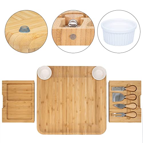 LaDonna Bamboo Cheese Board and Knife Set - Large Charcuterie Platter Board Includes 2 Ceramic Bowls, 4 Cheese Knives, Integrated Drawer, Serving Tray, Wedding Parties & Gift