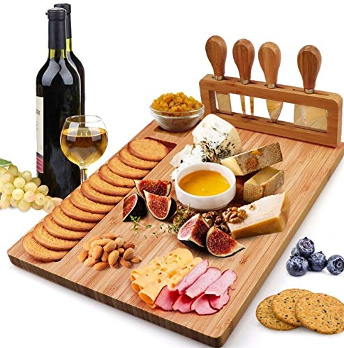 Loving Nature Bamboo Cheese Board Large Cutting Board with 4 Piece Knife-Set Charcuterie Serving Platter Tray Cheeseboard for Wedding Christmas Birthday Gifts Anniversary Wine Party Celebrations