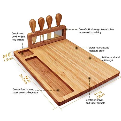 Loving Nature Bamboo Cheese Board Large Cutting Board with 4 Piece Knife-Set Charcuterie Serving Platter Tray Cheeseboard for Wedding Christmas Birthday Gifts Anniversary Wine Party Celebrations