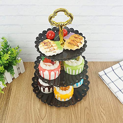 Tincogo 3-tier Plastic Cake Stand-Dessert Stand-Cupcake Stand-Tea Party Serving Platter Black Gold