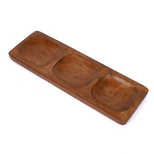 EDHAS Mango Wood 3 Section Divided Rectangular Serving Platters, Dessert Dish Serving for Condiments, Side Dishes, Pre, Dessert, Salsa, Entertaining (35.56cm x 12.7cm x 2.54cm)