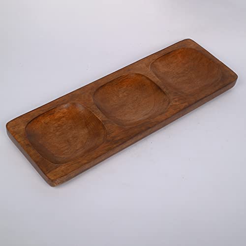 EDHAS Mango Wood 3 Section Divided Rectangular Serving Platters, Dessert Dish Serving for Condiments, Side Dishes, Pre, Dessert, Salsa, Entertaining (35.56cm x 12.7cm x 2.54cm)