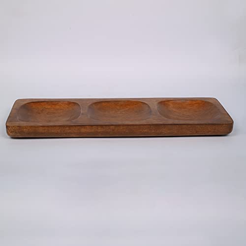 EDHAS Mango Wood 3 Section Divided Rectangular Serving Platters, Dessert Dish Serving for Condiments, Side Dishes, Pre, Dessert, Salsa, Entertaining (35.56cm x 12.7cm x 2.54cm)