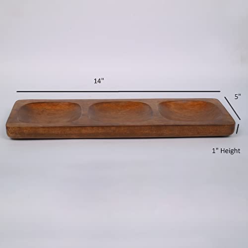 EDHAS Mango Wood 3 Section Divided Rectangular Serving Platters, Dessert Dish Serving for Condiments, Side Dishes, Pre, Dessert, Salsa, Entertaining (35.56cm x 12.7cm x 2.54cm)