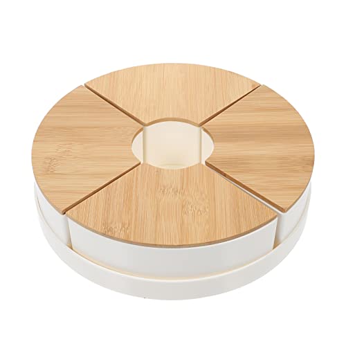 STOBOK Snack Tray with Lid Divided Candy Box Nut Holder Dried Fruit Box Tray Round Appetizer Tray with Wooden Cover 4 Compartment Dry Food Storage Organizer Dish Platter 26cm White
