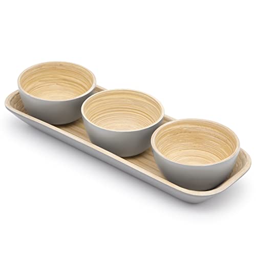 Dehaus® Small Bamboo Dipping Bowls & Tray Set - Grey - Mini Wooden Dip Pinch Bowl Serving Dishes for Party Snack Food, Condiments, Dips, Nibbles, Crisp, Nuts, Tapas, Olive Appetizer, Soy Sauce