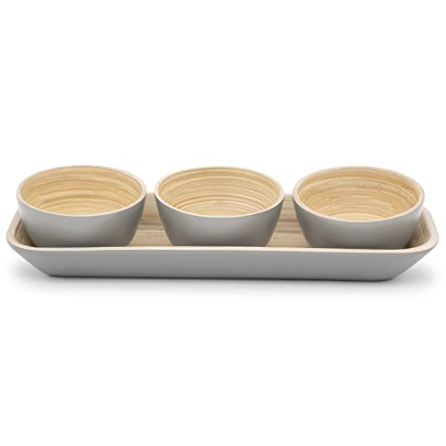 Dehaus® Small Bamboo Dipping Bowls & Tray Set - Grey - Mini Wooden Dip Pinch Bowl Serving Dishes for Party Snack Food, Condiments, Dips, Nibbles, Crisp, Nuts, Tapas, Olive Appetizer, Soy Sauce