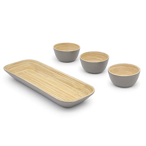 Dehaus® Small Bamboo Dipping Bowls & Tray Set - Grey - Mini Wooden Dip Pinch Bowl Serving Dishes for Party Snack Food, Condiments, Dips, Nibbles, Crisp, Nuts, Tapas, Olive Appetizer, Soy Sauce