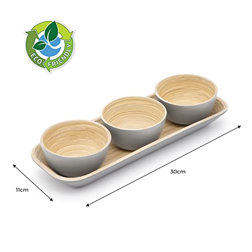 Dehaus® Small Bamboo Dipping Bowls & Tray Set - Grey - Mini Wooden Dip Pinch Bowl Serving Dishes for Party Snack Food, Condiments, Dips, Nibbles, Crisp, Nuts, Tapas, Olive Appetizer, Soy Sauce