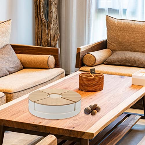 STOBOK Snack Tray with Lid Divided Candy Box Nut Holder Dried Fruit Box Tray Round Appetizer Tray with Wooden Cover 4 Compartment Dry Food Storage Organizer Dish Platter 26cm White