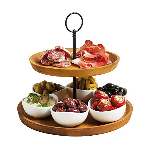 Artesà 2 Tier Tapas and Food Serving Stand, Food Display with 6 Mini Porcelain Bowls, Wooden and Hand Finished Cake Stand in Gift Box, 24 x 25cm, Brown & Black
