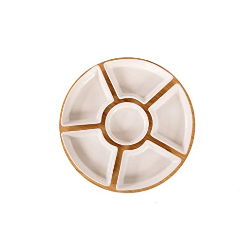 Oypla Rotating Bamboo Lazy Susan Snack Bowl Serving Platter with Ceramic Dishes
